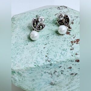 Silpada Rare HTF Sterling Silver & Marcasite Post Earrings w/Pearl Drop